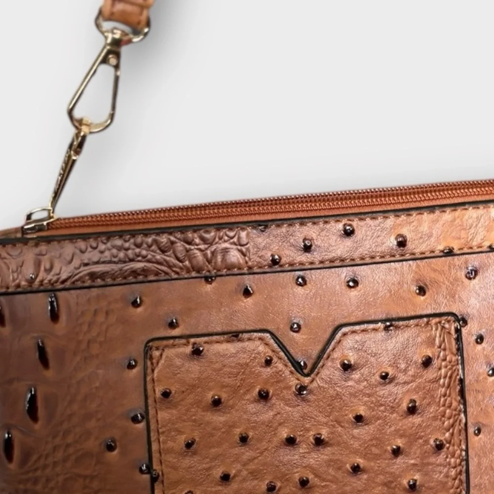 Dasein Women’s Embossed Textured Brown Ostrich Wristlet Purse Handbag